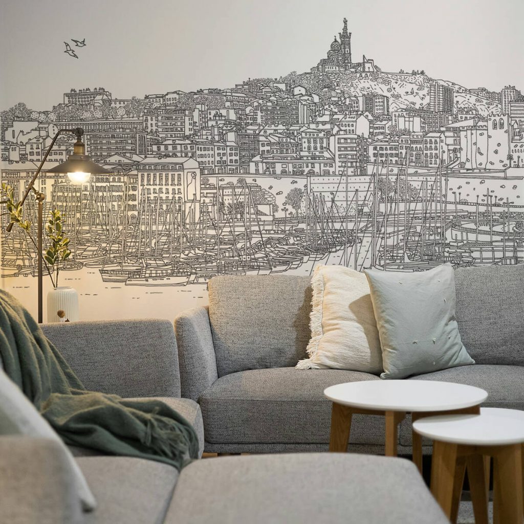 papier peint panoramique ville illustration Marseille architecture