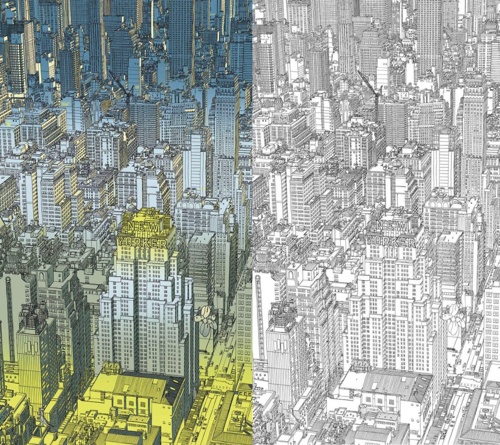 Illustration architecturale noir et blanc et couleur du New Yorker à Manhattan réalisée à la main par Paper & Pen