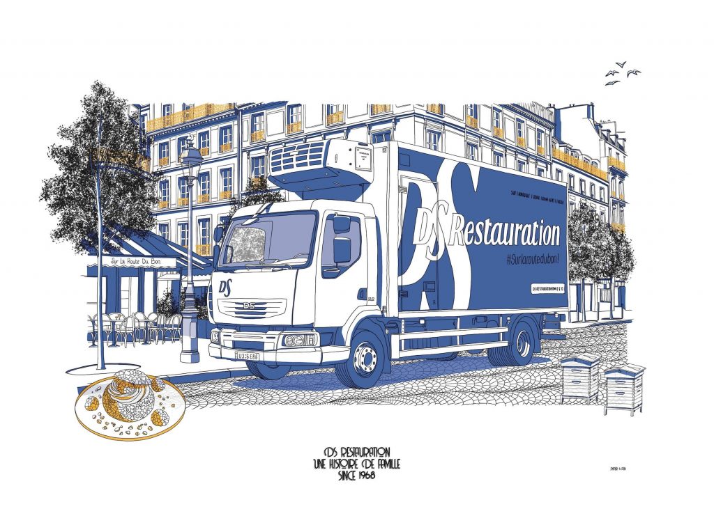 Illustration originale de DS Restauration dessinée à main levée par Marion Lagarde Paper & Pen, représentant le camion de livraison, une vue de Paris, un dessert et des ruches