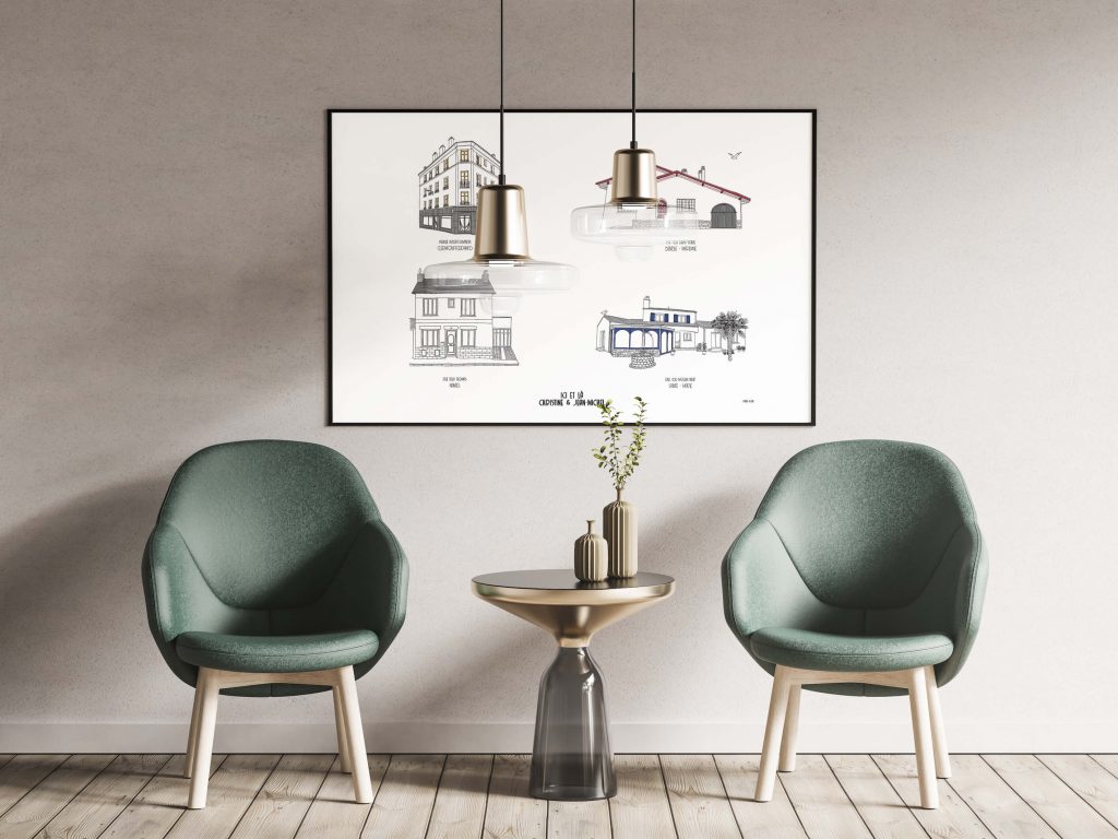 Portrait de maison personnalisé regroupant quatre maisons ayant marqué l'histoire d'une même famille.