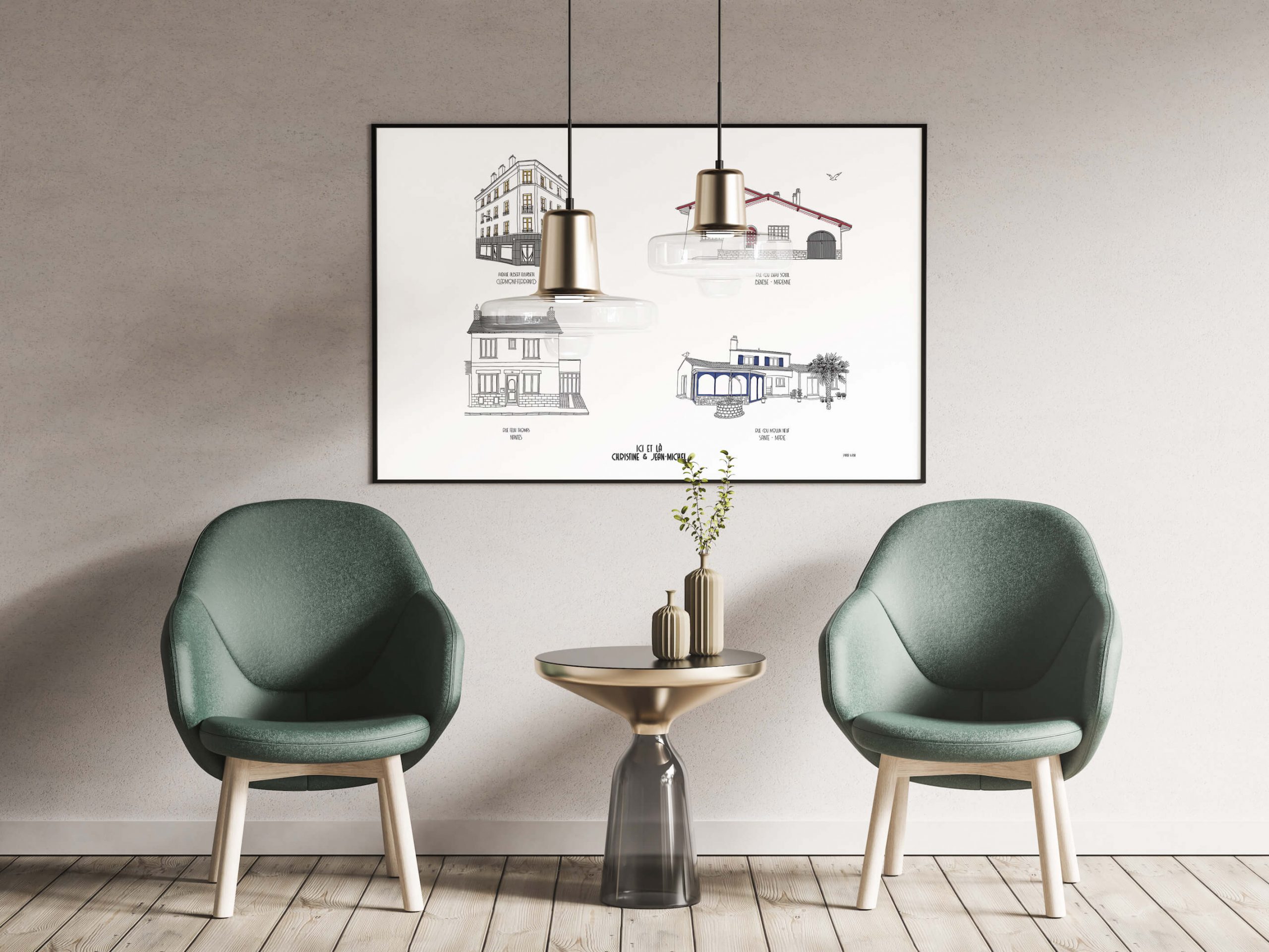 Portrait de maison personnalisé regroupant quatre maisons ayant marqué l'histoire d'une même famille.