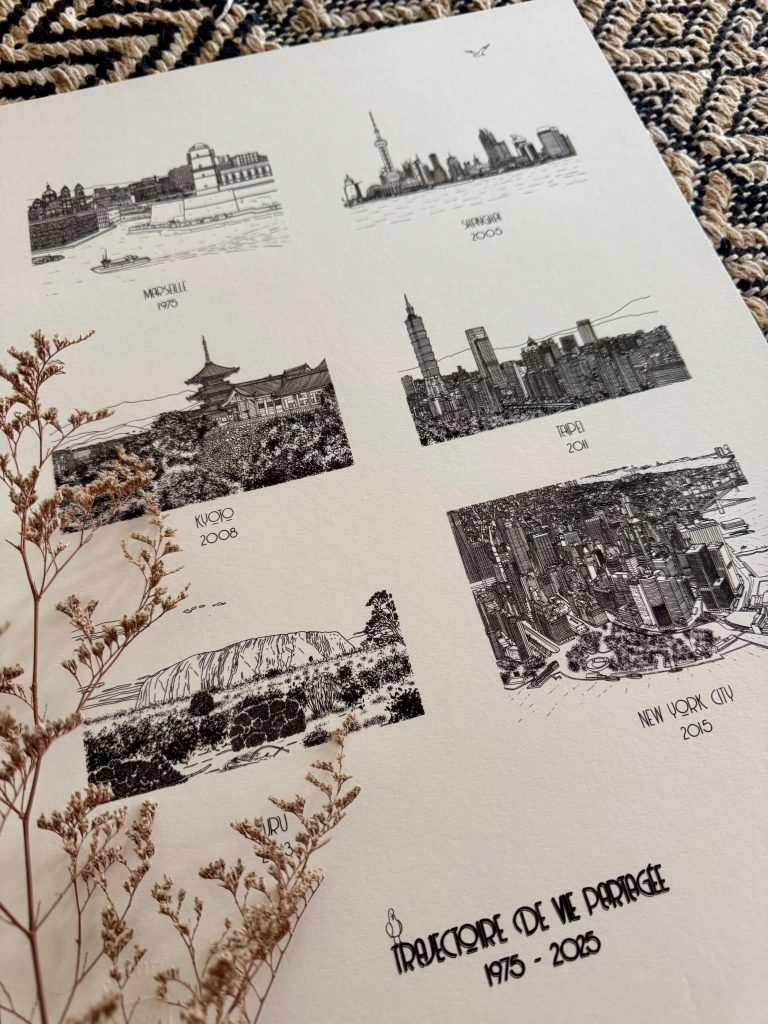 Illustration personnalisée représentant les villes qui ont marqué le parcours de vie d'un couple : Marseille, Shanghai, Kyoto, Taipei, Australie et New York.