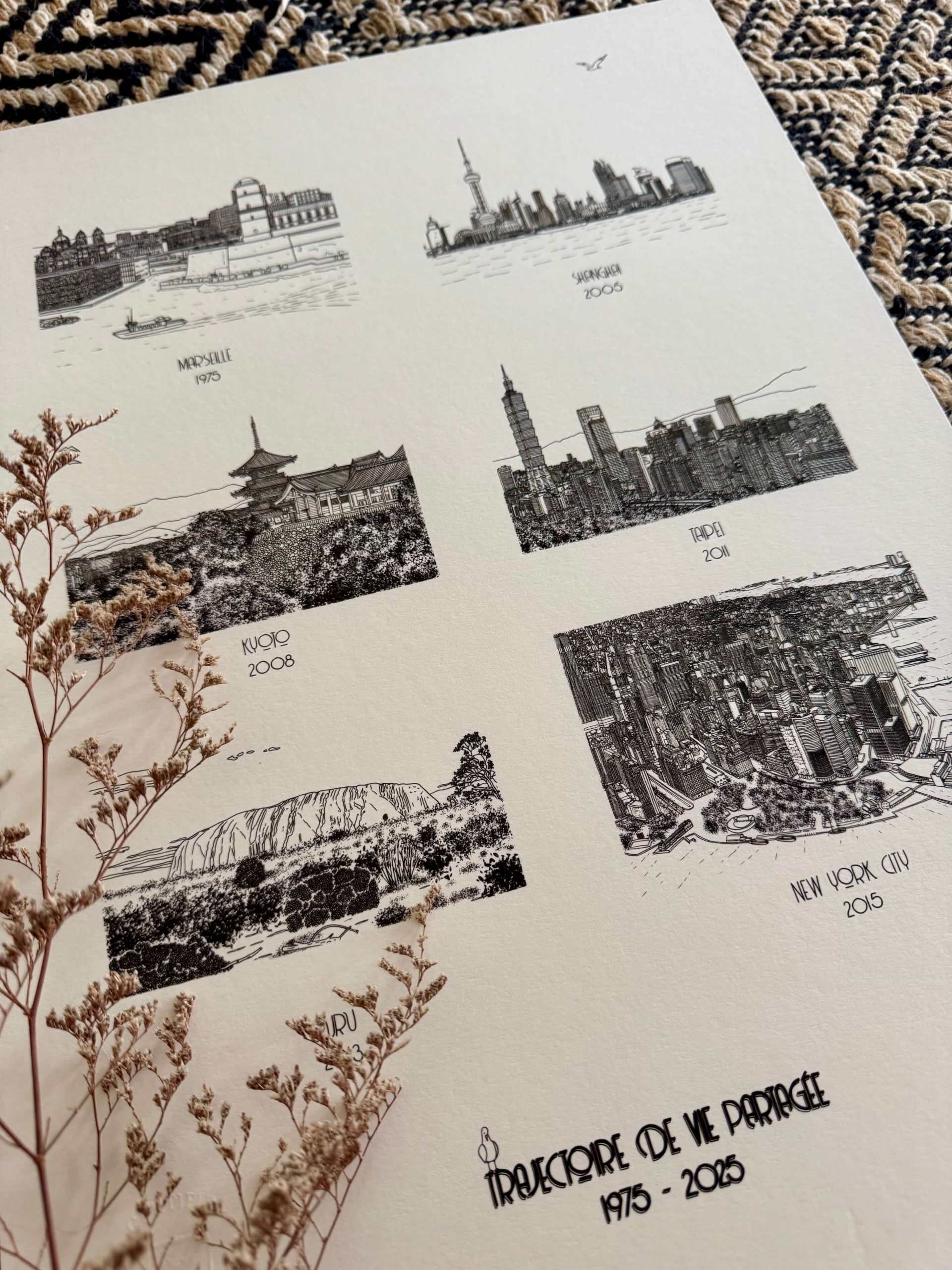 Illustration personnalisée représentant les villes qui ont marqué le parcours de vie d'un couple : Marseille, Shanghai, Kyoto, Taipei, Australie et New York.