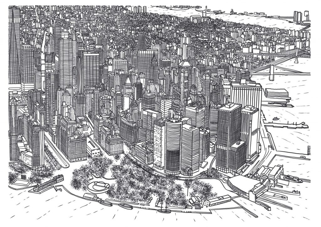 Illustration de New York réalisée au feutre noir dans un chemin de vie illustré personnalisé